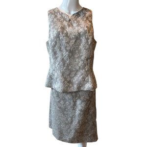 Maggy London Women Business Suit 2 Piece Jacket Skirt Floral Jacquard Gray SZ 14